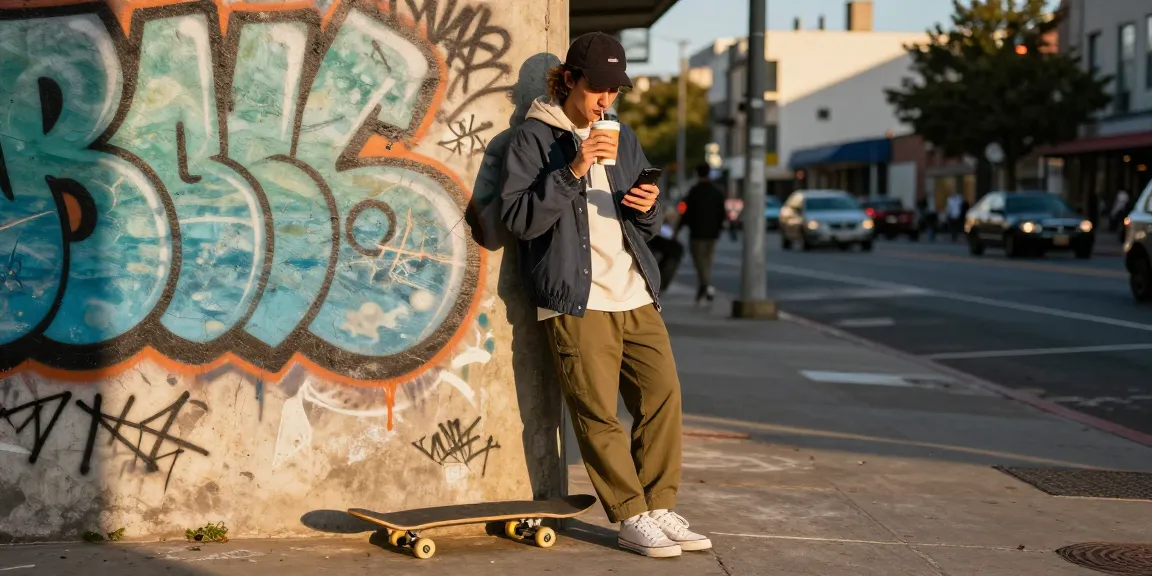 rokok88 streetwear lifestyle scene in an urban setting during golden hour