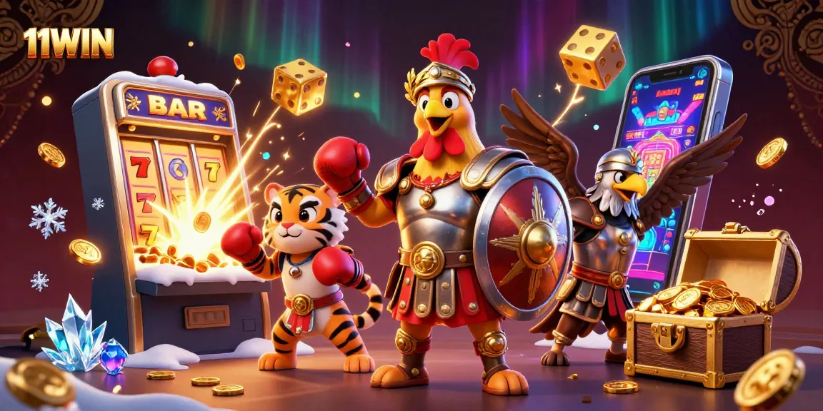Experience the thrill of 11WIN with a vibrant digital scene of a gladiator rooster and casino elements.
