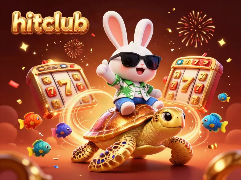 Experience the thrill of hitclub with a lively dynamic scene featuring a lucky rabbit and a golden sea turtle amidst slot game elements.