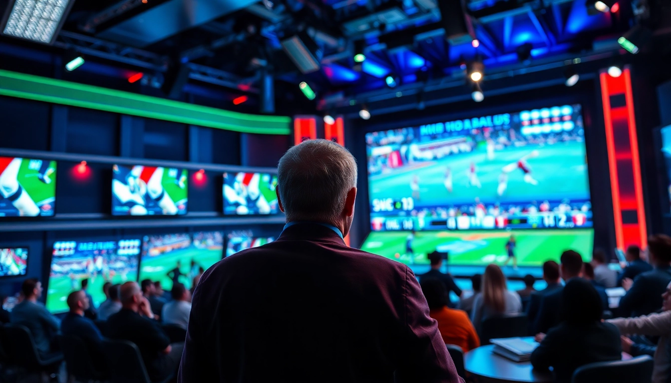 Host discussing Sports Broadcasting in a vibrant studio with dynamic screens.