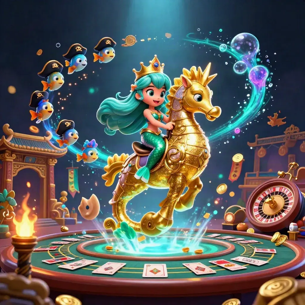 Zeemeerminprinses op een gouden zeepaard, met piratenvisjes, munten en neon gloed.