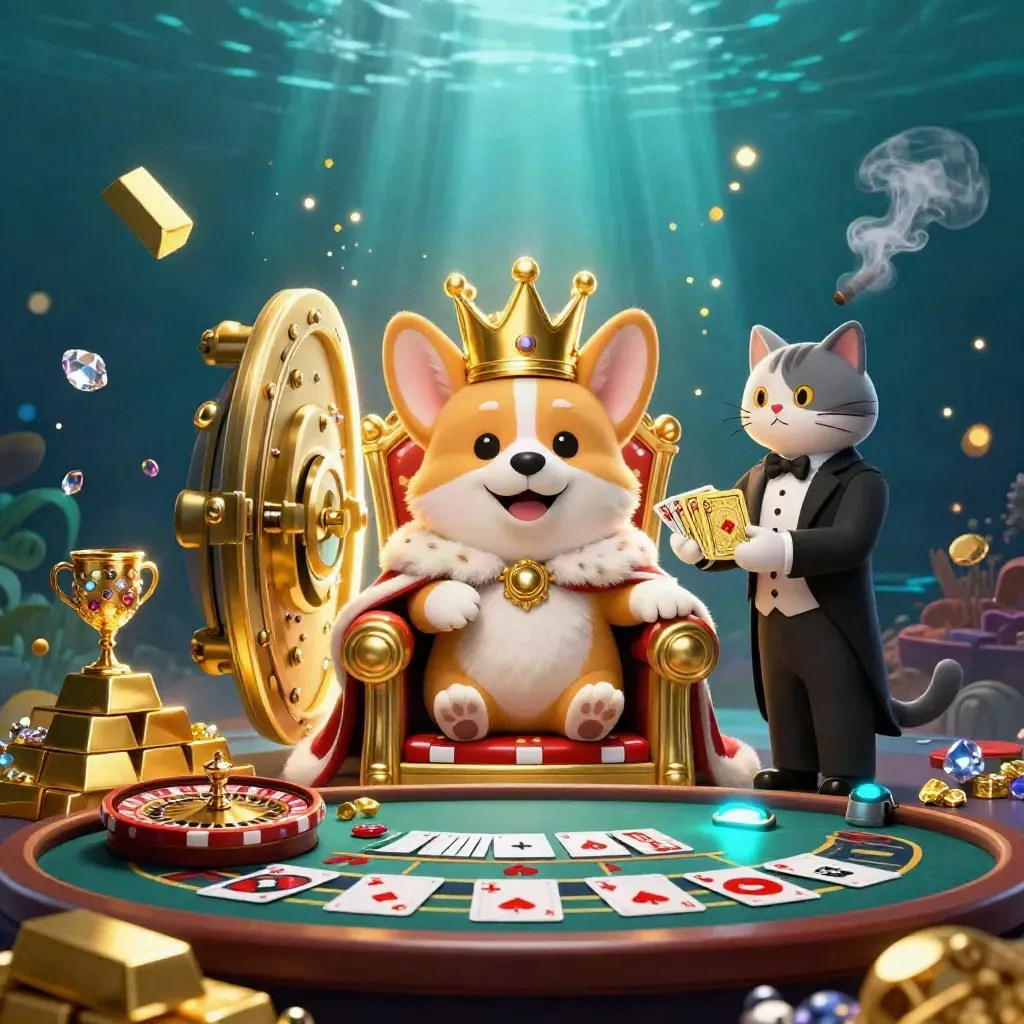 Koninglijke corgi en kattenbutler bij gouden kluis, met casino-luxe in blauw en goud.