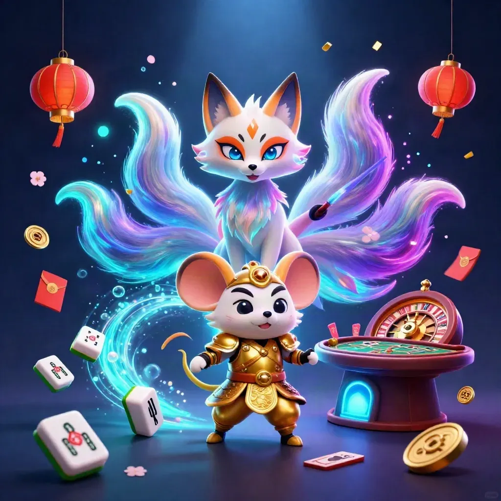 Zes-neon vosspirit met muis in goud, tussen Mahjong, lantaarns en jade munten.