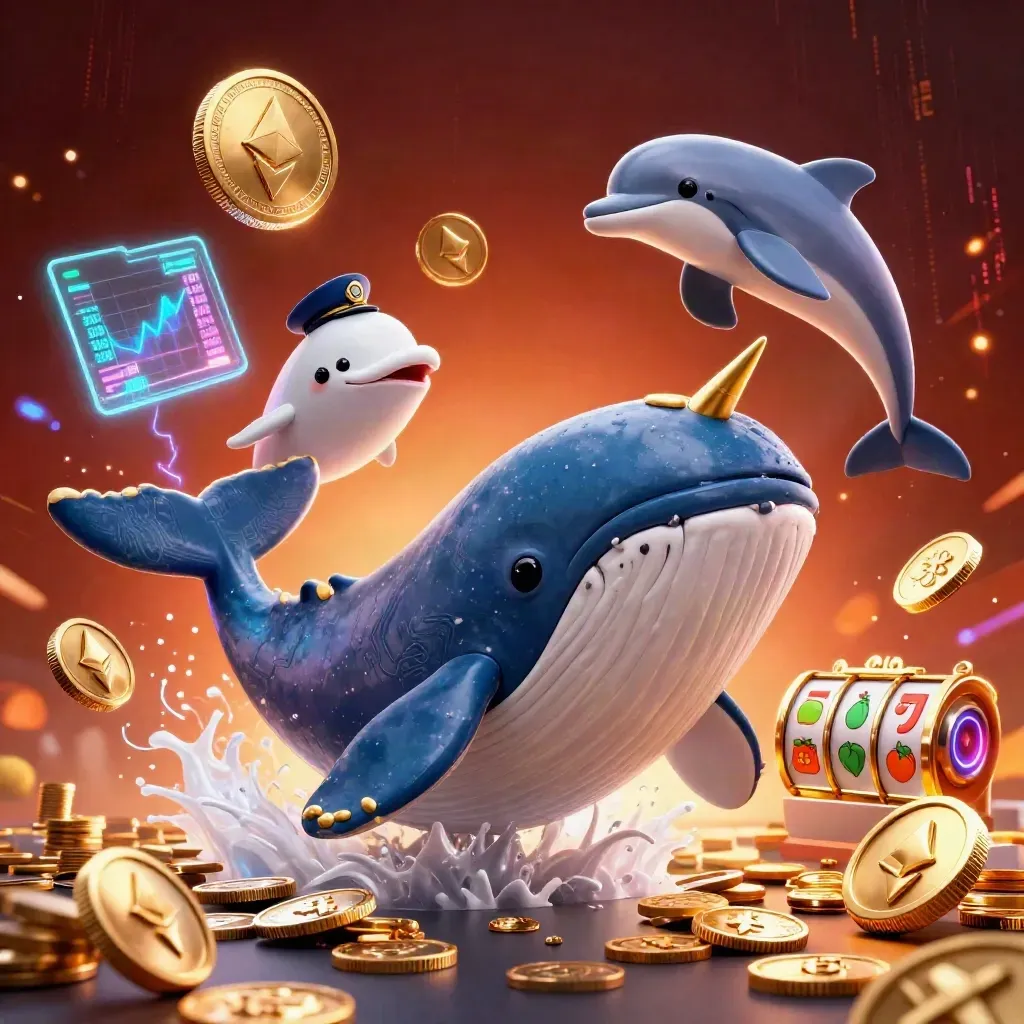 Reuzenwalvis, narwal en dolfijnen met coins, neonenergie en luxe casino-vibes.