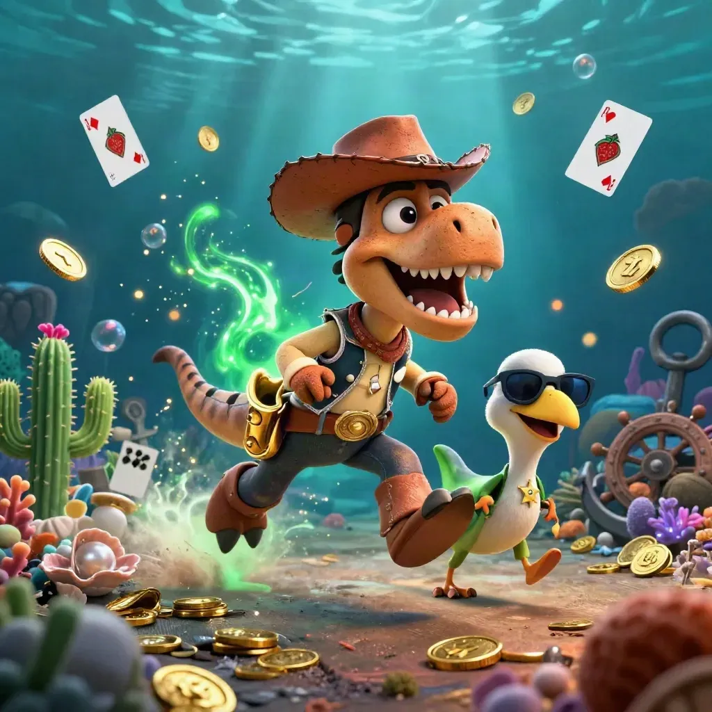 Cowboy-T-rex, cactus en roadrunner in een onderwaterschatkamer met goud, neon en koraal.