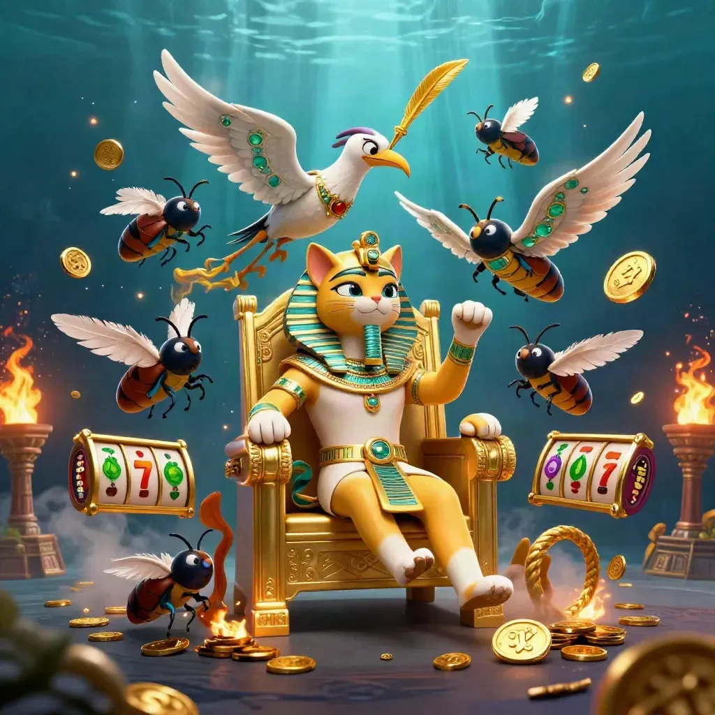 Pharaokat op troon met ibis, scarabeeën en goudspatten in een luxe casinoscène.