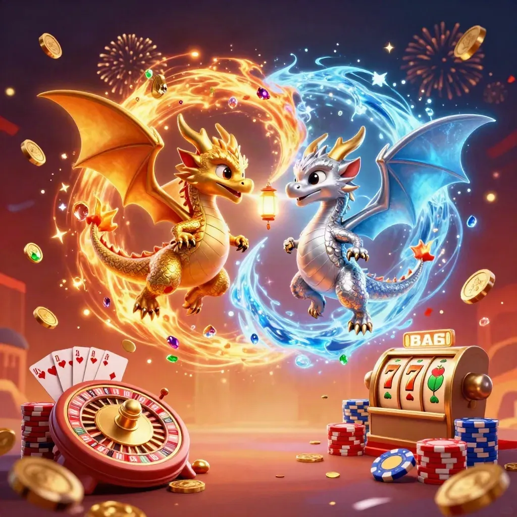 Twee draken met vuur en ijs, munten, kaarten en chips in luxe casino-sfeer.