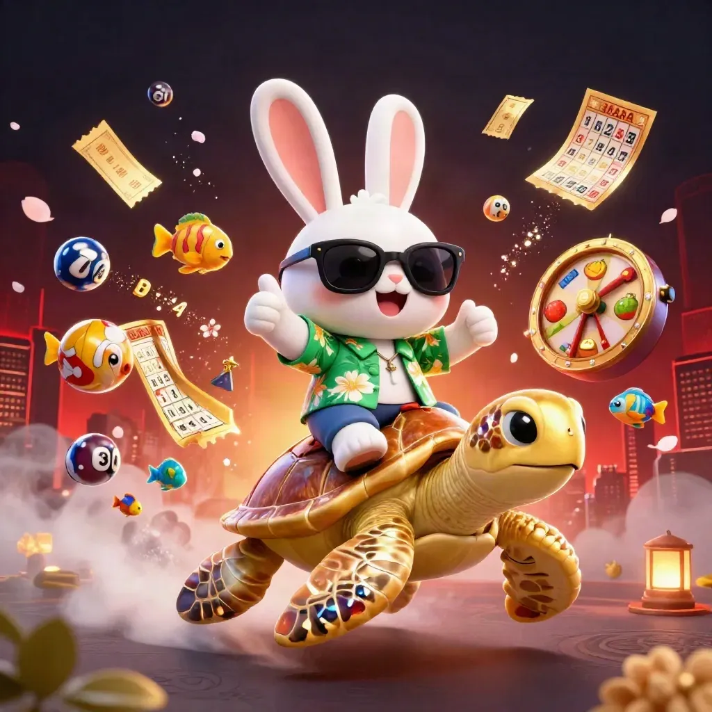 Konijn op gouden zeeschildpad met bingo, loterijballen en neon casino-effecten.