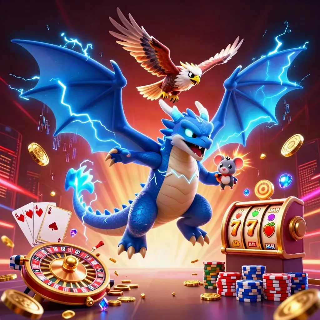 Blauwe draak, windhavik en bliksemmuis met munten, kaarten en roulette in neon casino-stijl.