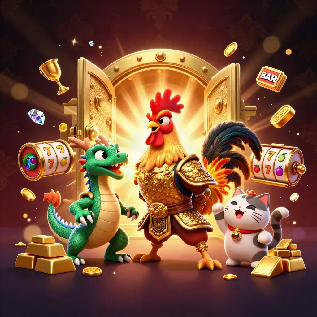 Haan, draakhatchling en gelukskat bij open schatkluis, goud, slots en glans.