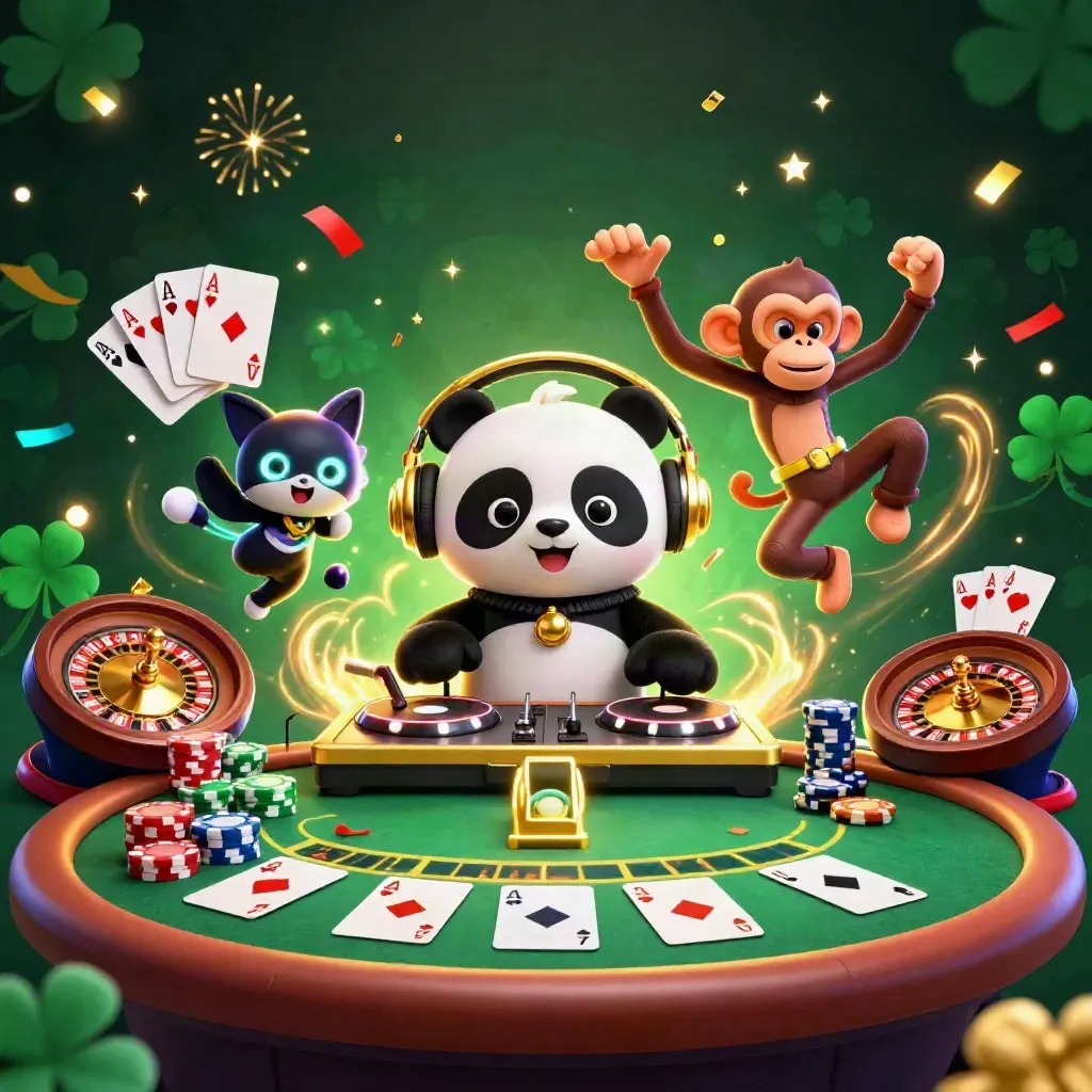 Drie feestende casinodieren met roulette, kaarten en neonlicht in luxe stijl.