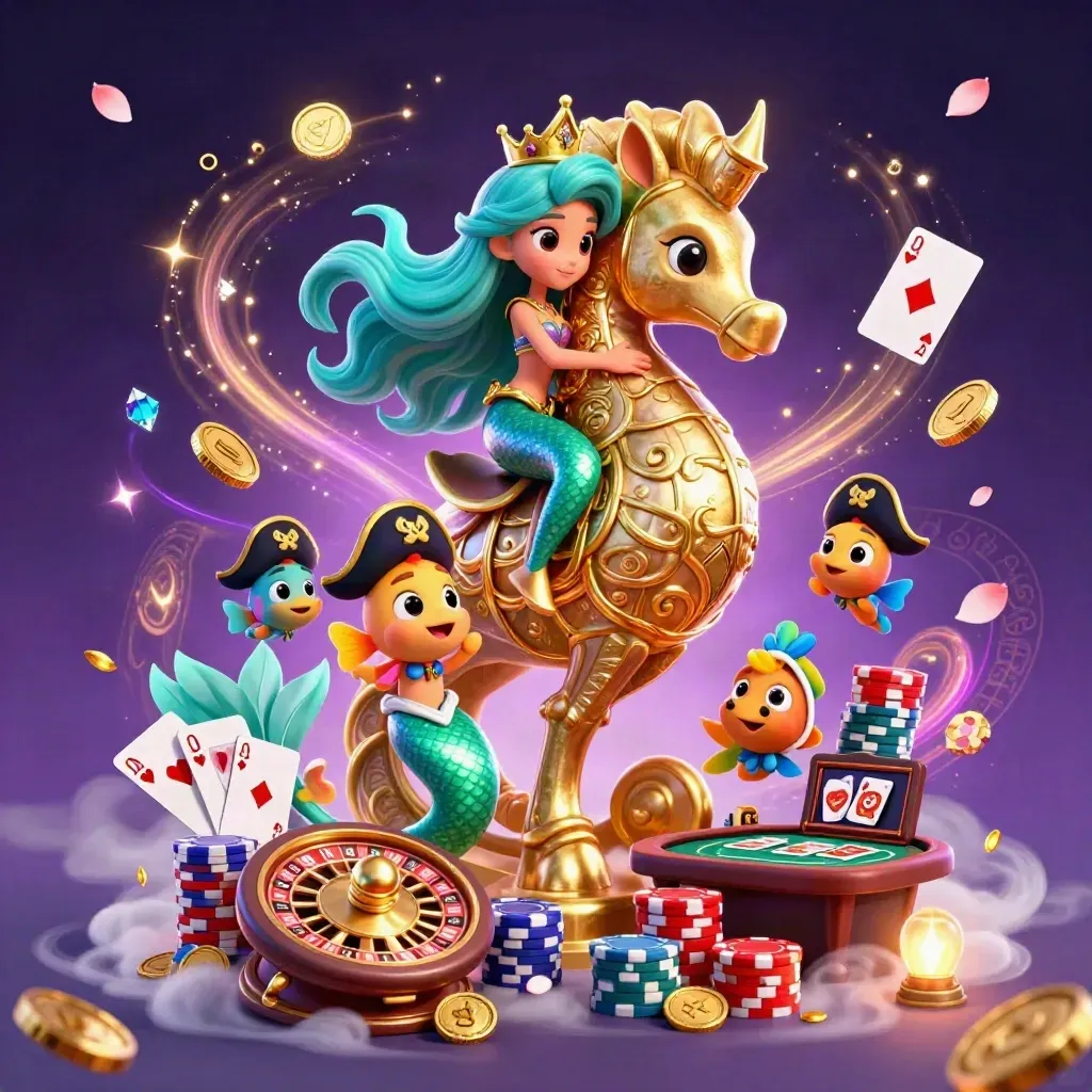 Turkooizen zeemeermin op gouden zeepaard tussen munten, kaarten en neon casino-magie.