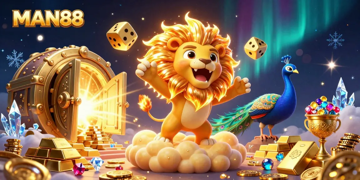 Play exciting games at MAN88, featuring a roaring sun lion and gleaming golden dice amidst wealth.