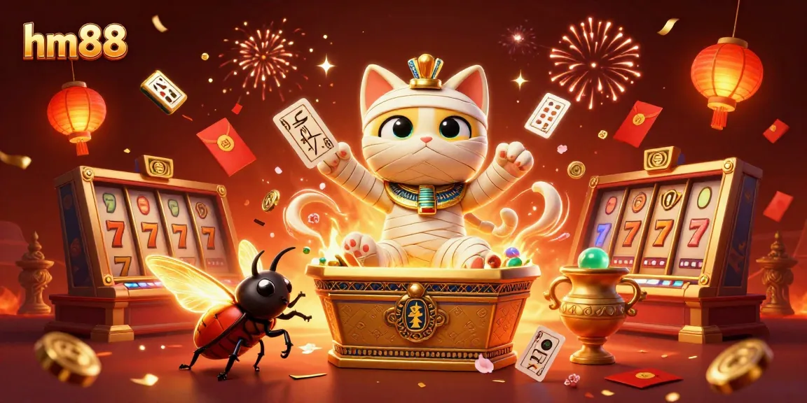 Experience exhilaration at hm88 with a vibrant scene of a mummy cat and scarab amidst dynamic casino elements.