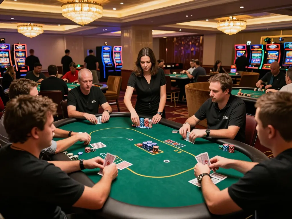 KJC com features a thrilling poker game with players engaged around a green felt table in a luxurious casino setting.