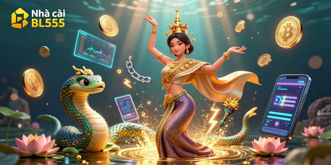 Engage with Nhà cái BL555 in a vibrant, detailed scene featuring traditional and modern casino elements.