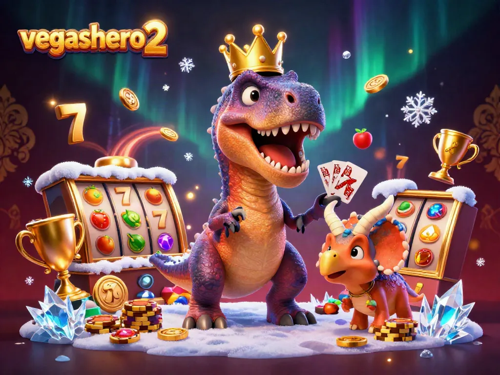 Experience excitement with vegashero 2 as a T-Rex shuffles cards while a pterodactyl assists in a lively casino scene.