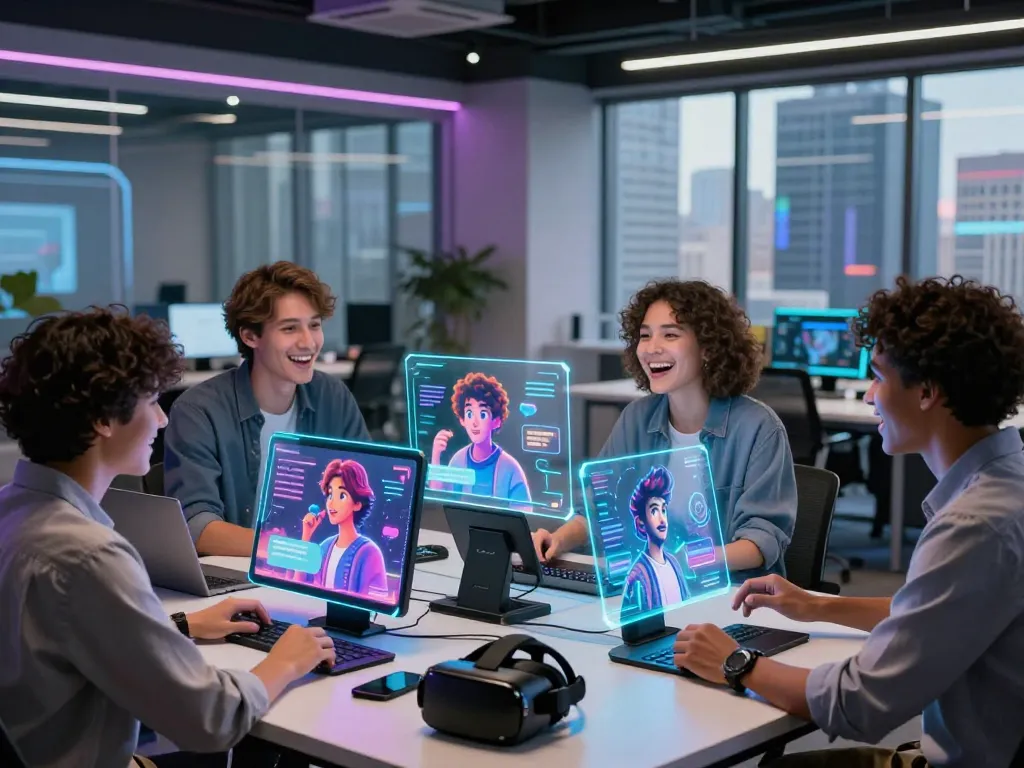 Engaged friends exploring juicy ai character interactions in a vibrant tech workspace.