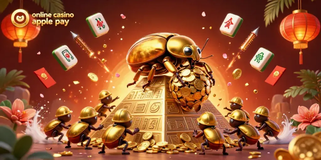 Experience instant deposits with Apple Pay at online casinos featuring golden symbols and cartoon beetles.