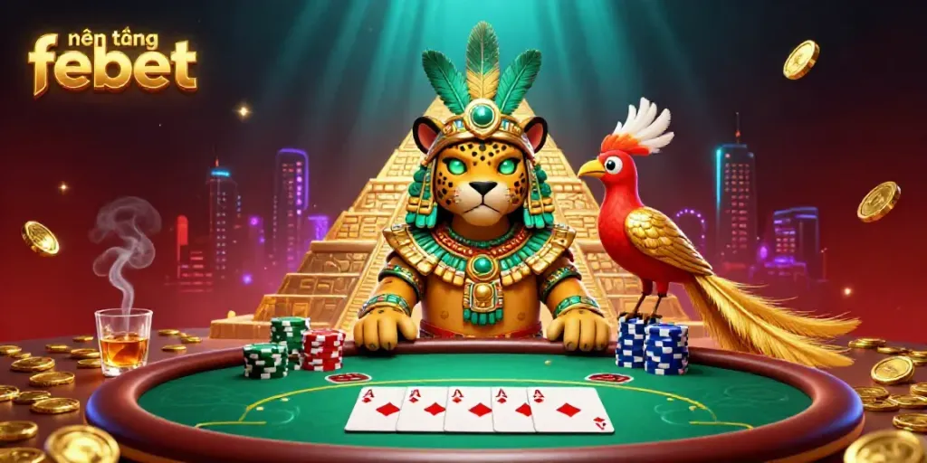 This vibrant scene captures the essence of nền tảng febet through a Mayan jaguar priest amidst poker elements, highlighting the excitement of online gambling.