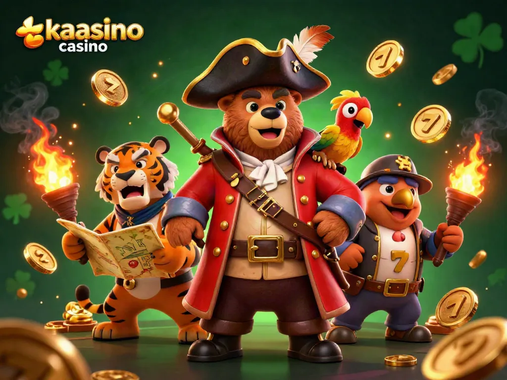 Kaasino casino showcases a thrilling slot adventure with a pirate captain, tiger, and golden parrot.