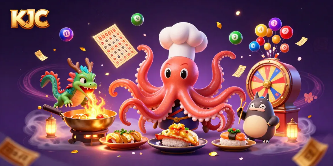 KJC showcases a fun and vibrant online gaming scene with a cartoon octopus chef preparing dishes and colorful lottery elements.