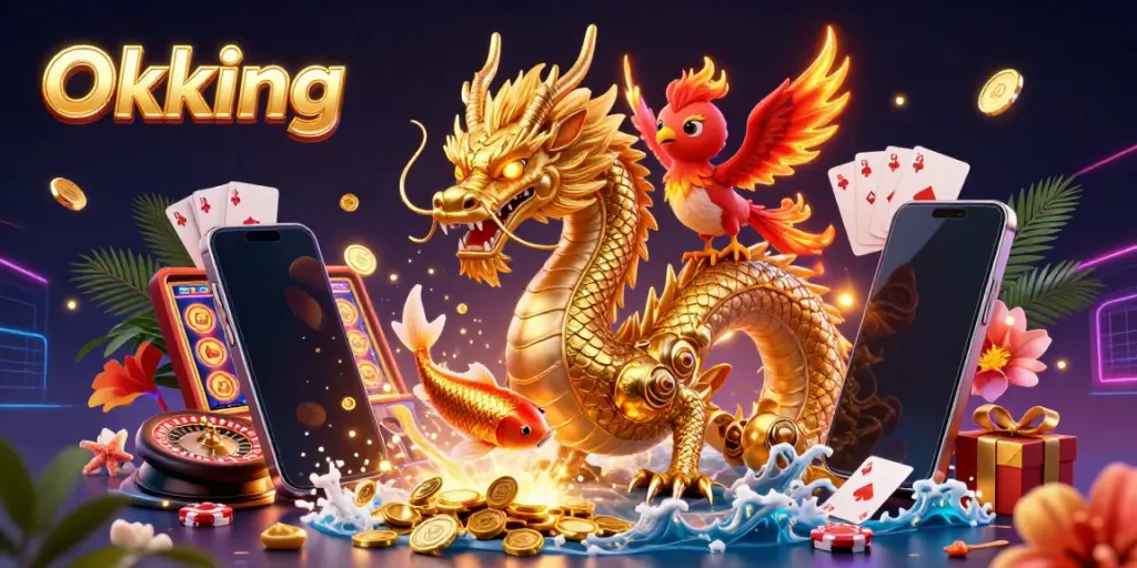 Experience thrilling slots with Okking as vibrant characters soar above bright game elements, all in a stunning casino scene.
