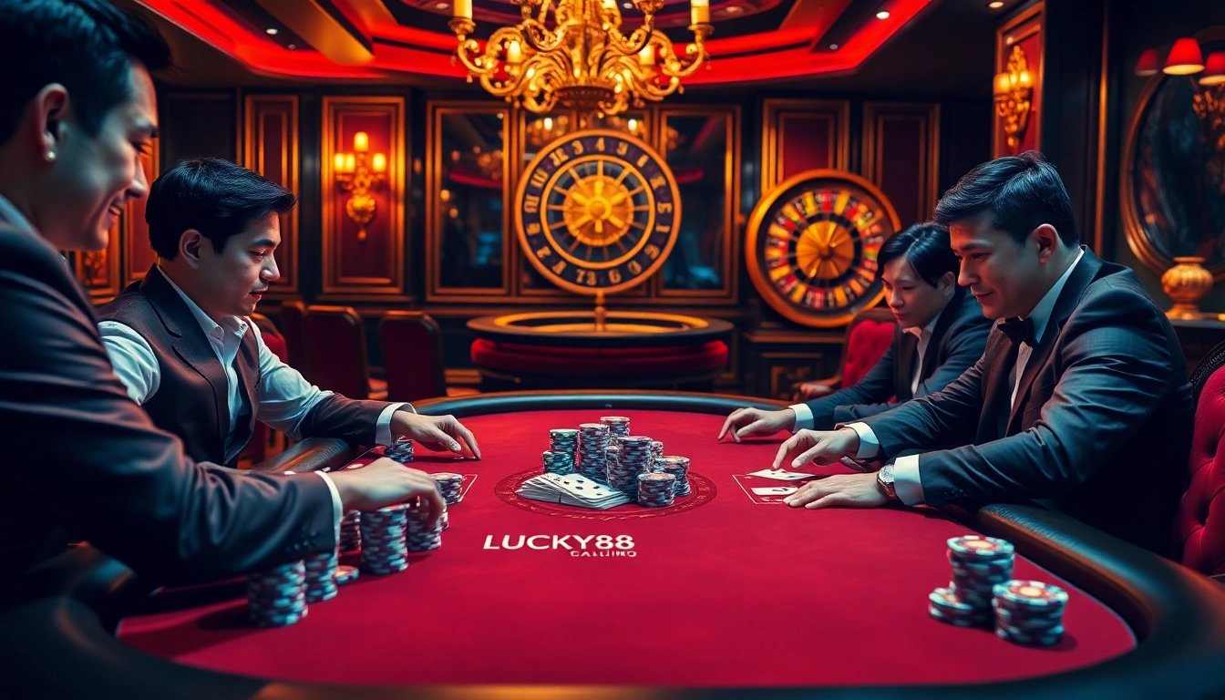 Engaged poker players at a vibrant casino table showcasing the exhilaration of Trang chủ LUCKY88 gambling experience.
