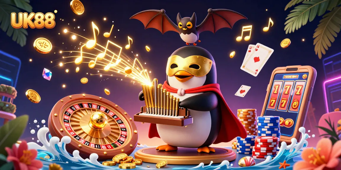 Experience winning thrills with UK88's vibrant casino scene featuring golden coins and lively characters.