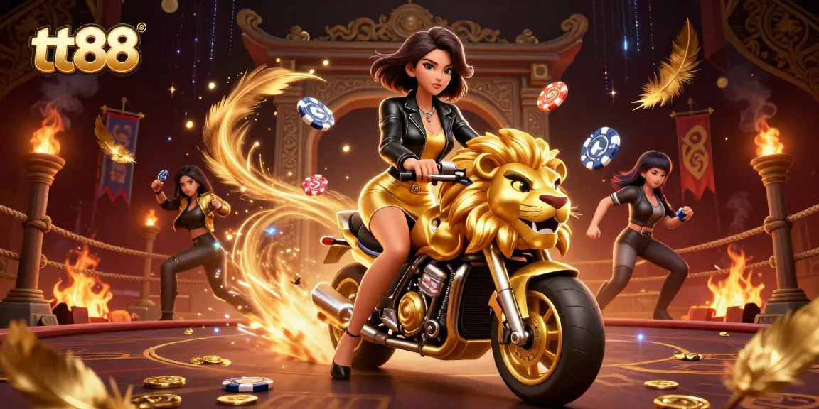 Experience exciting gameplay at tt88 with a glamorous woman on a golden lion, surrounded by vibrant casino elements.