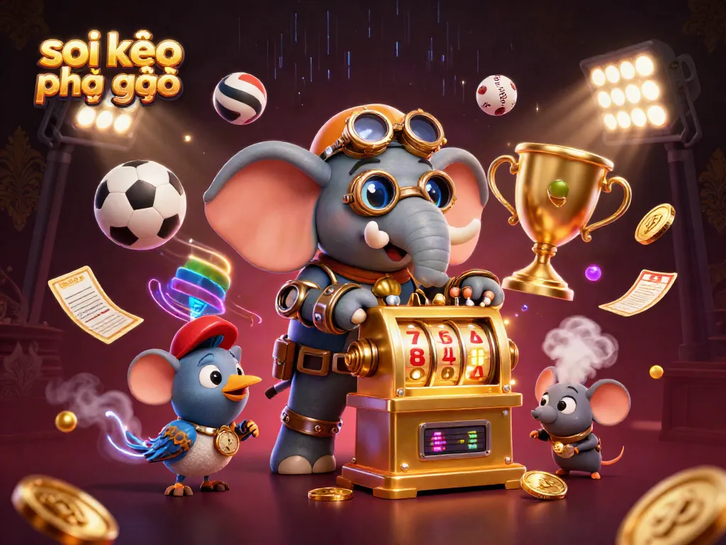 Soi kèo phạt góc illustration depicting dynamic sports betting elements with a steampunk elephant and vibrant atmosphere.