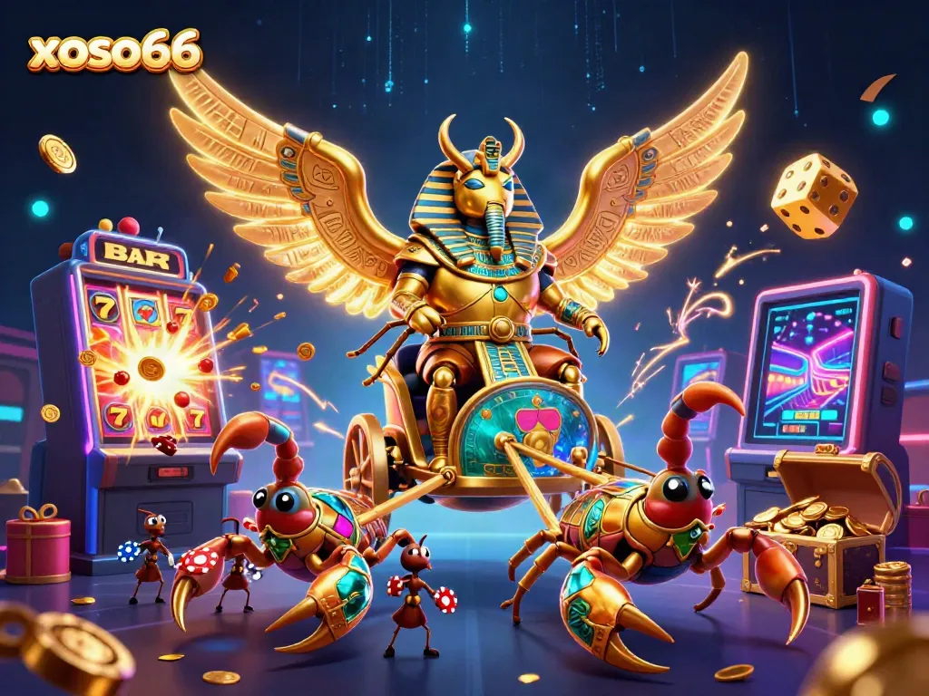 Win big on xoso66 with a spectacular 3D illustration of a golden scarab beetle and casino games.