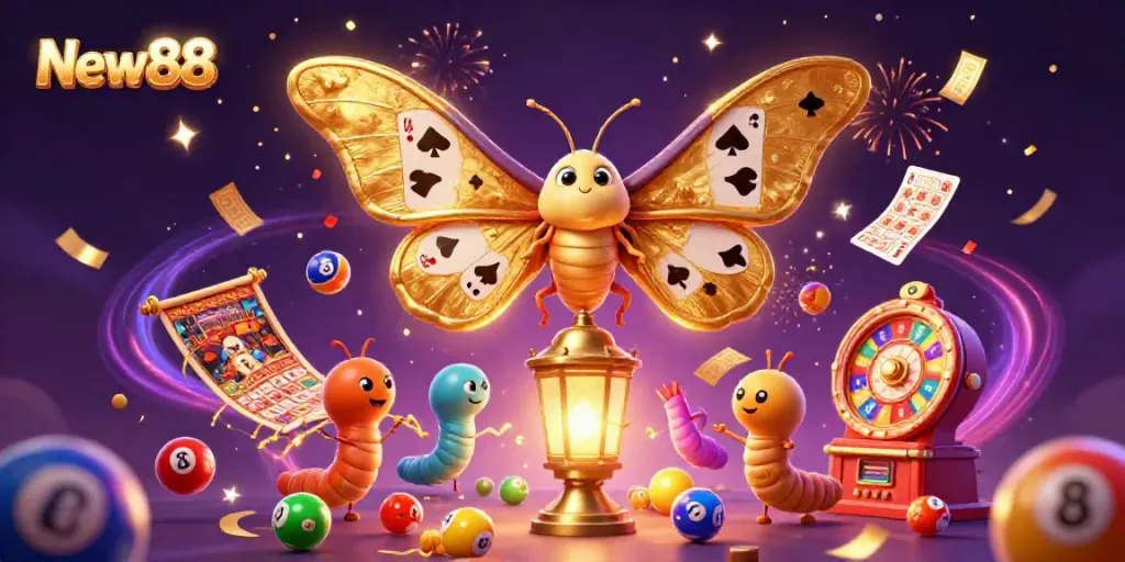 Experience the vibrant excitement of New88 with a magical casino scene featuring animated characters and dynamic game elements.