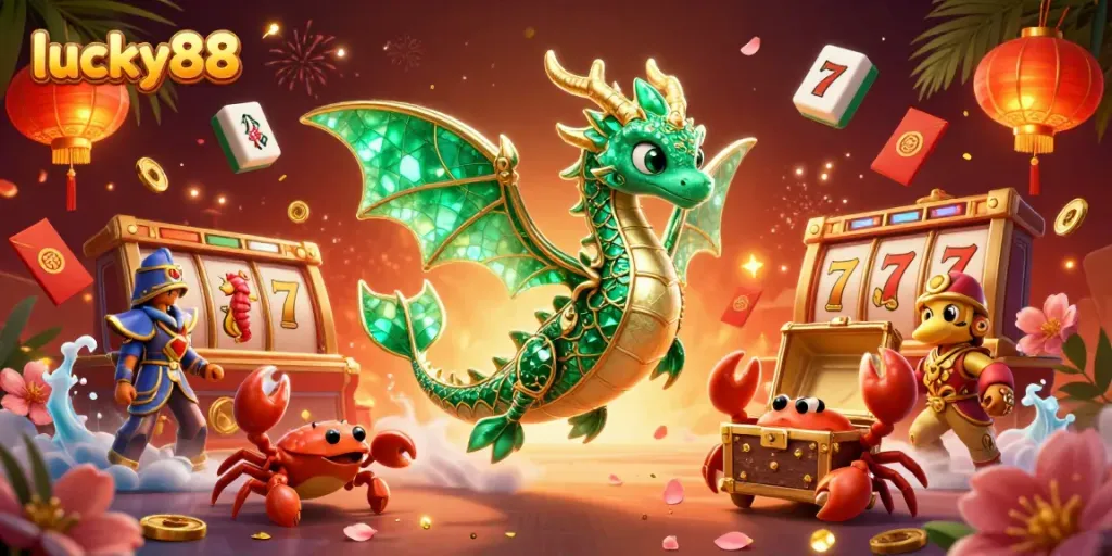 Engage with the exciting world of lucky88 casino featuring a majestic sea dragon, jackpot symbols, and vibrant decorations.