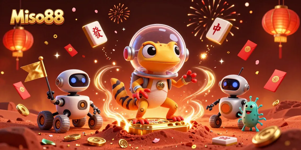 Miso88 introduces an exciting alien casino adventure with a gecko discovering a golden casino amidst dynamic celebration elements.