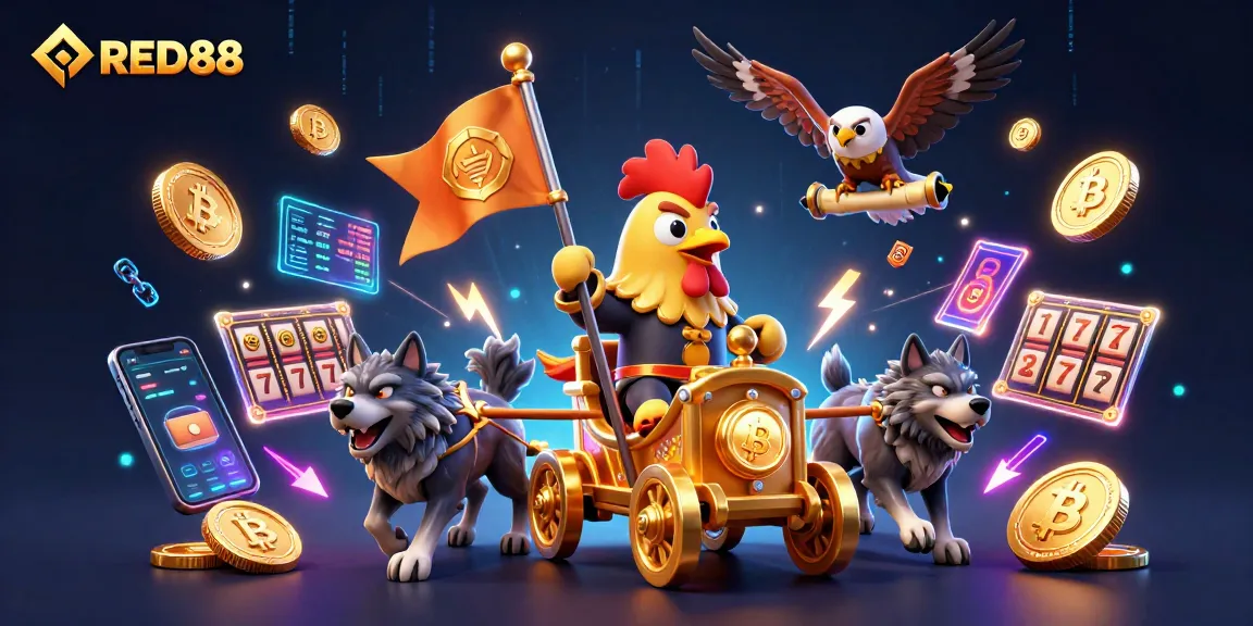 Engage with RED88 in a thrilling 3D casino scene showcasing an adventurous rooster warlord and captivating gambling elements.