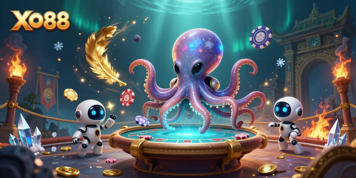 Engage with XO88 through a vibrant, colorful scene of cosmic poker action featuring an alien octopus.