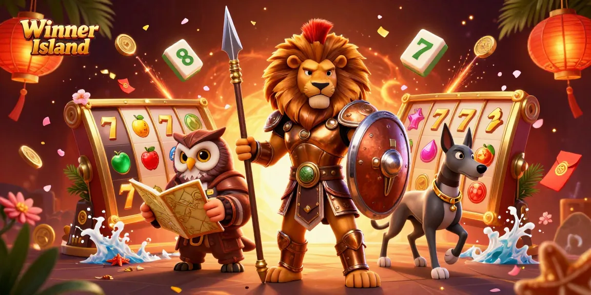 Play thrilling games at Winner Island with a vibrant casino scene featuring spinning slot reels and action-packed characters.