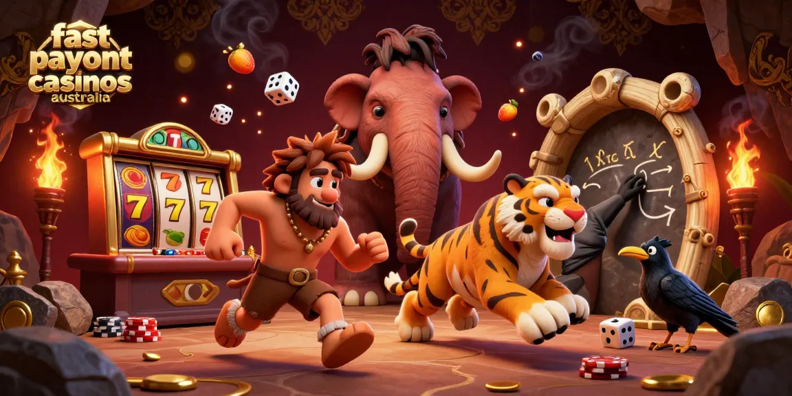 Engage with fast payout casinos Australia in a vibrant prehistoric gambling scene filled with dynamic slot elements.