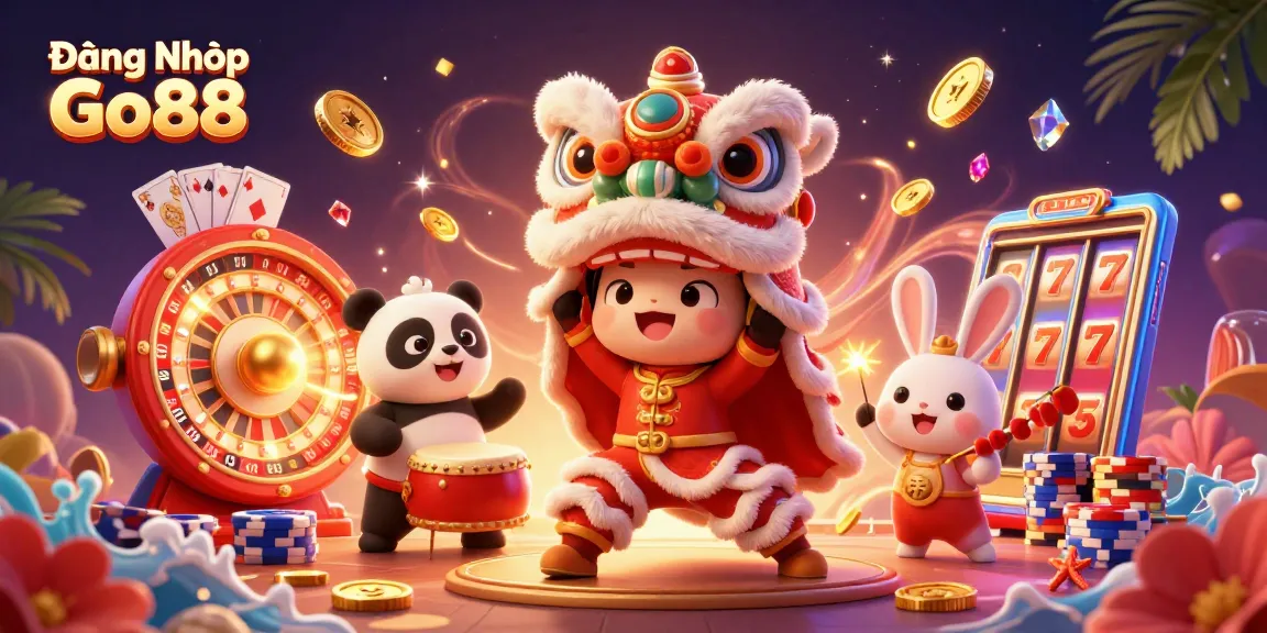 Experience the excitement of Đăng Nhập Go88 with a vibrant lion dance and casino elements.