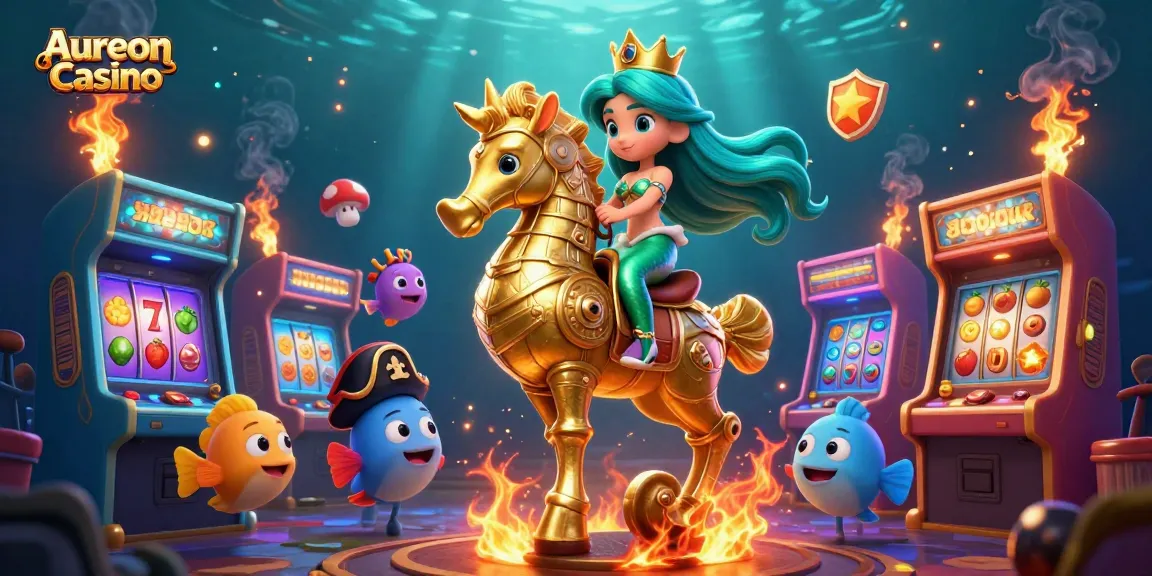 Aureon Casino showcases a vibrant underwater scene with a mermaid riding a seahorse amidst colorful gaming elements.