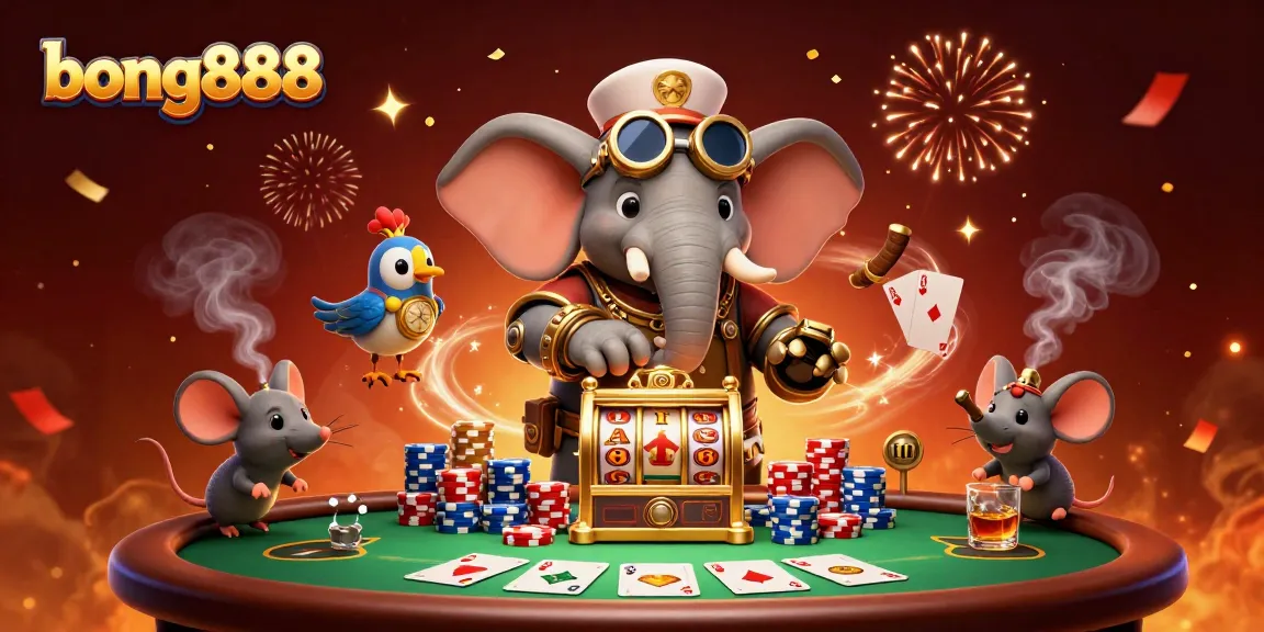 Experience the thrill of bong888 casino with a steampunk elephant and vibrant slot machines.